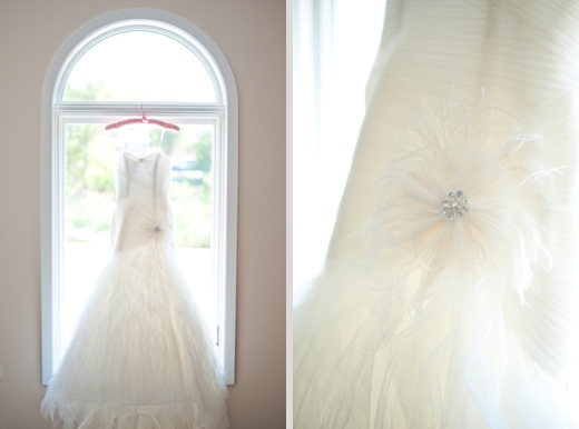 white wedding dress with feather flower