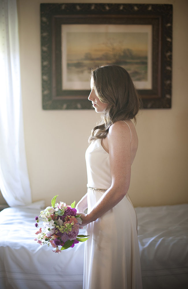 profile of bride with bouquet