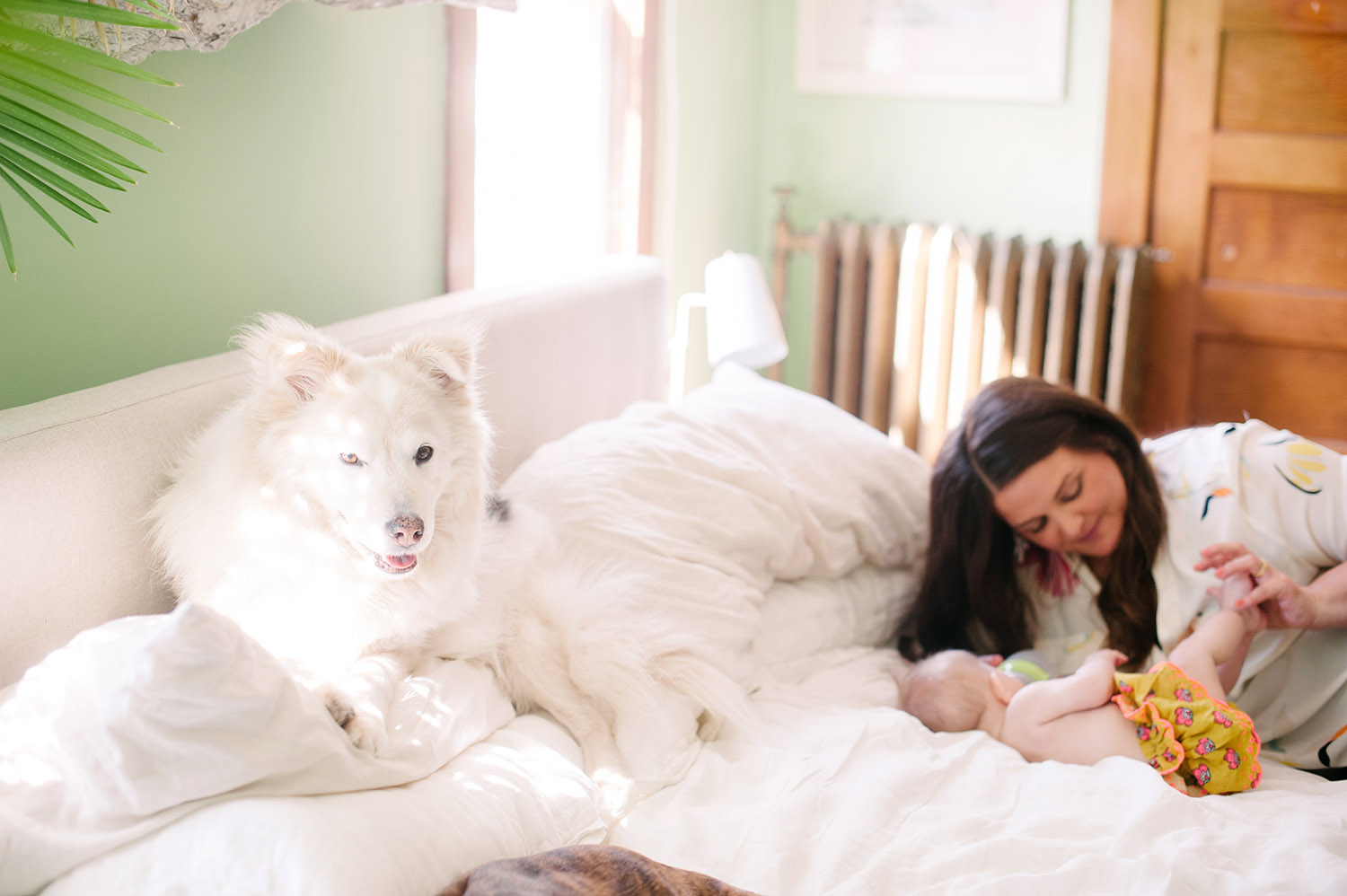 a mom and a baby on a bed with a dog