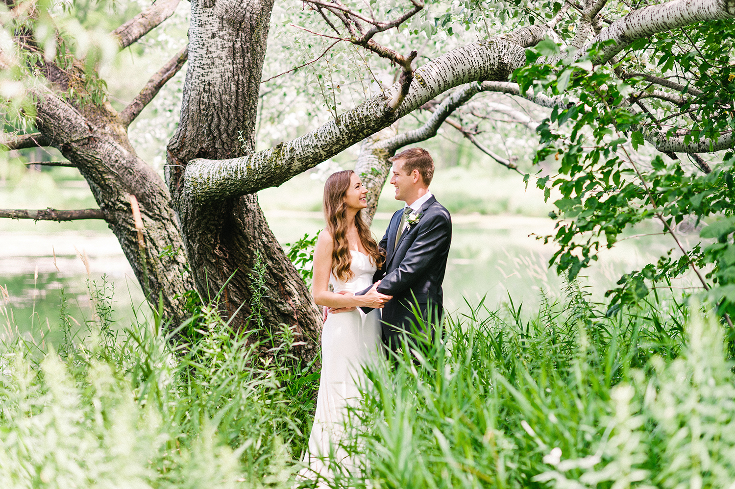 bride and groom in tall grasses with tree