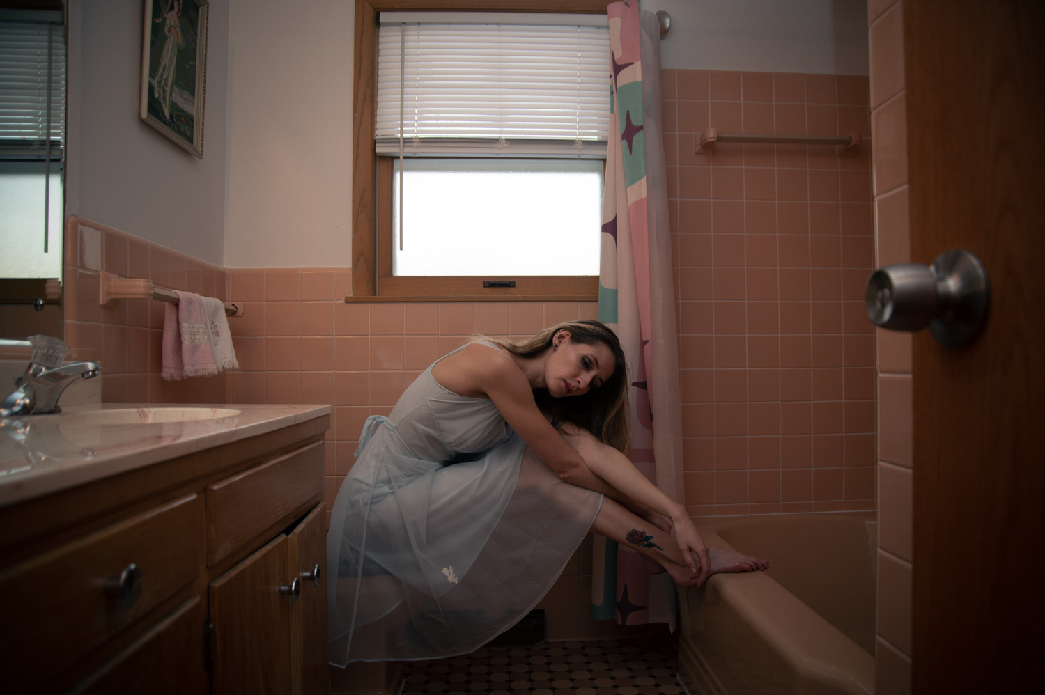 lonely girl in nightie in bathroom