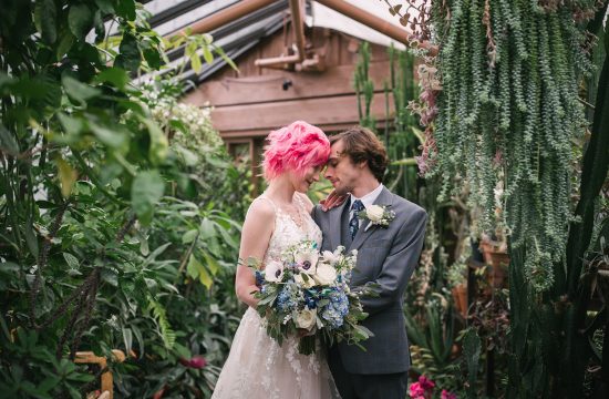 bride with pink hair and groom at MN arboretum